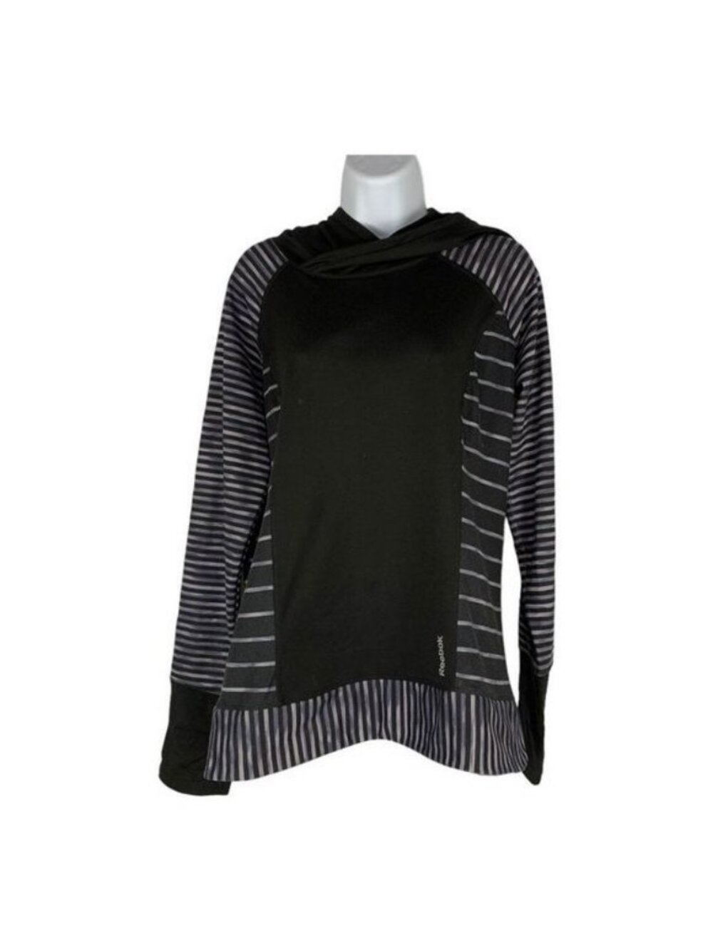 Reebok Womens L/G Long-Sleeve Black Striped Hooded Pullover Top Athleisure